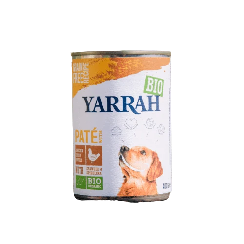Hrana umeda bio pentru caini cu pui alge si spirulina 400g Yarrah