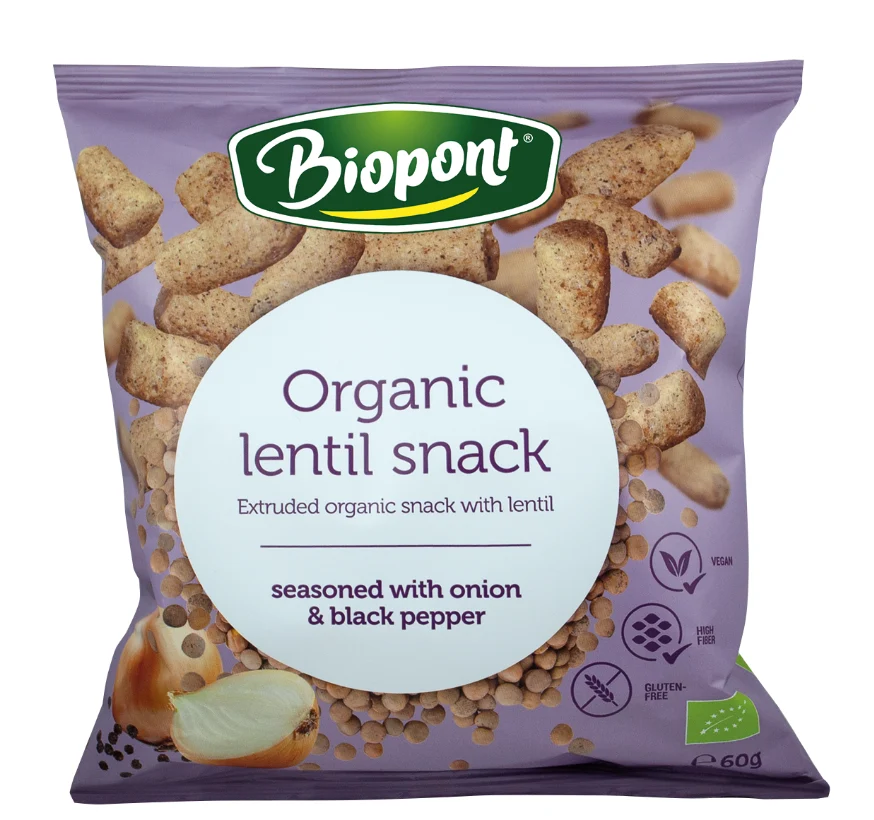 Linte extrudat bio, condiment cu ceapa si piper negru, fara gluten 60g Biopont